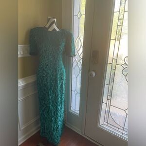 Vintage Lawrence Kazar Green sequins silk maxi dress beaded neck & sleeve SZXL